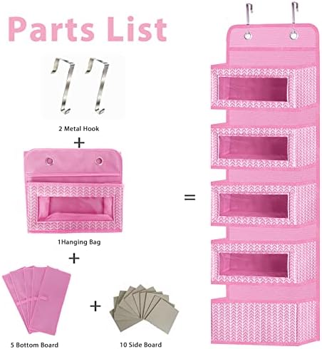 Over The Door Hanging Organizer with 5 Large Pockets - Wall Mount Pantry Storage with 2 Big Metal Hooks for Baby Girl’s Diapers Closet, Bathroom, Nursery, Bedroom, Dorm, Baby, Kids Toys (Pink) - Image 5