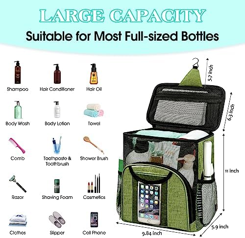 Attmu Portable Shower Caddy College Tote Bag, Quick Dry Hanging Toiletry Bag, Large Capacity Mesh Shower Caddy Portable for College Dorm Room Essentials for Boys and Girls for Bath Camping (Green) - Image 2