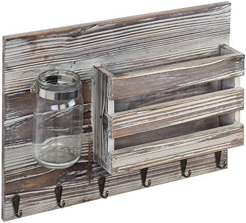MyGift 6 Hook Wall Mounted Entryway Key Hanger and Mail Holder Basket, Rustic Torched Wood Hanging Home Organizer Rack with Decorative Mason Jar Flower Vase - Image 6