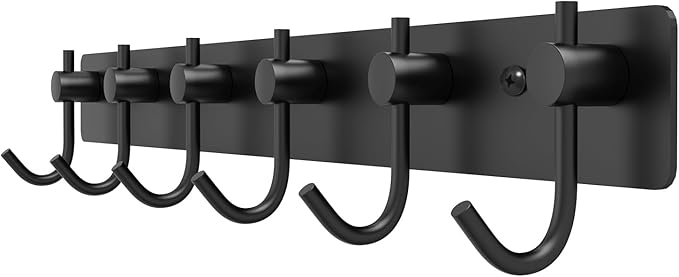 VAEHOLD Wall Hooks for Hanging, Black Coat Rack Wall Mount with 6 Coat Hooks, Towel Hanger, Hat Hooks, Robes Hook in Bathroom, Bedroom, Kitchen, Living Room (1PACK) by VAEHOLD