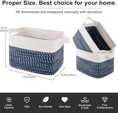 OIAHOMY Cotton Rope Storage Baskets for Organizing White Blue 3-Pack - Image 3