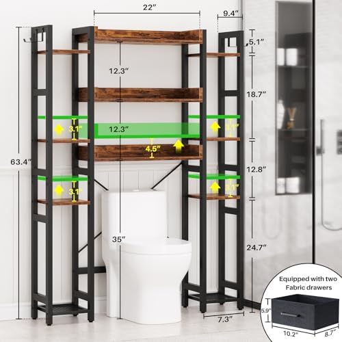 Besiost Over The Toilet Storage, 11 Tier Bathroom Organizer with Dual Side Racks and 2 Fabric Drawers, Adjustable Freestanding Rack Space Saver for Small Spaces, Rustic Brown - Image 3