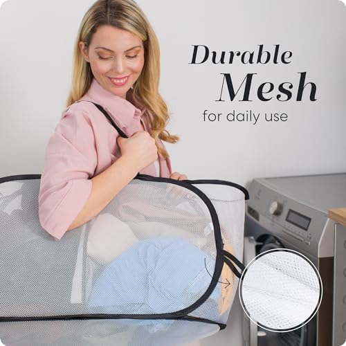 Foldable Laundry Basket - Popup and Collapsible, Durable Mesh Material, Folds for Storage, Easy Carry Handles - Great Hamper for College Dorm, Laundry Room or Travel (White-Black, 2-Compartments) - Image 6
