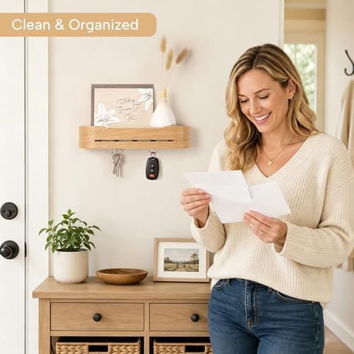 Key Holder Wall Mount with 5 Hidden Hooks Minimalis Key Hanger Rack Wood Modern Hollow Key Hook Mail Organizer Tray Shelf Home Decor for Entryway Furniture - Image 2