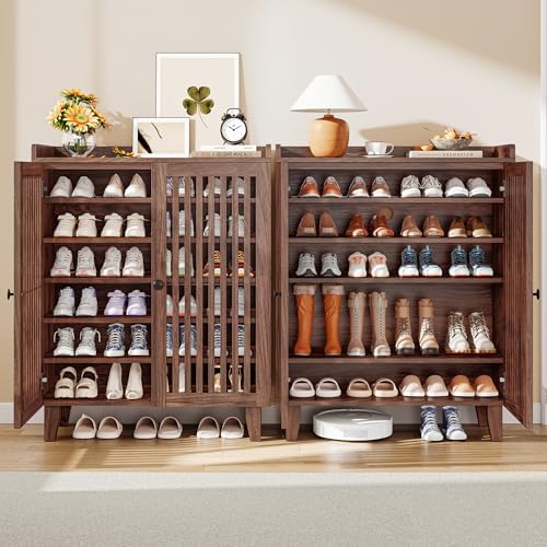 IRONCK Shoe Cabinet with Slatted Doors, 6-Tier Shoe Storage Cabinet, Walnut - Image 5