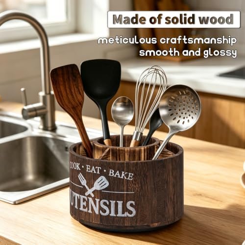 Wood Rotating Utensil Holder for Kitchen Countertop, 360° Lazy Susan Kitchen Utensil Organizer with 5 Compartments, Wooden Spatula Spoon Fork Storage Rack, Rustic Farmhouse Cooking Tool Holder - Image 7