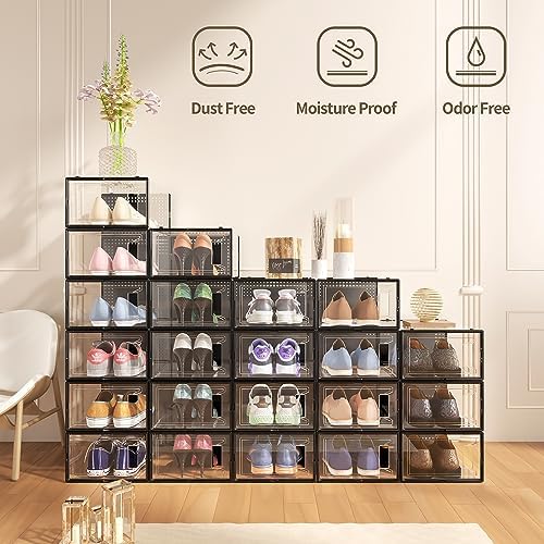 12 Pack Large Stackable Clear Plastic Shoe Storage Boxes Organizer, Black - Image 2