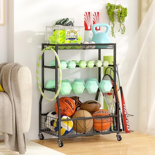 Home Gym Storage Rack, Dumbbell Rack with Yoga Mat Storage, Weight Rack Stand with Lockable Wheels and Hooks, Home Workout Equipment Organizer for Yoga, Dumbbell, Kettlebells, Ball Storage by ThreeHio