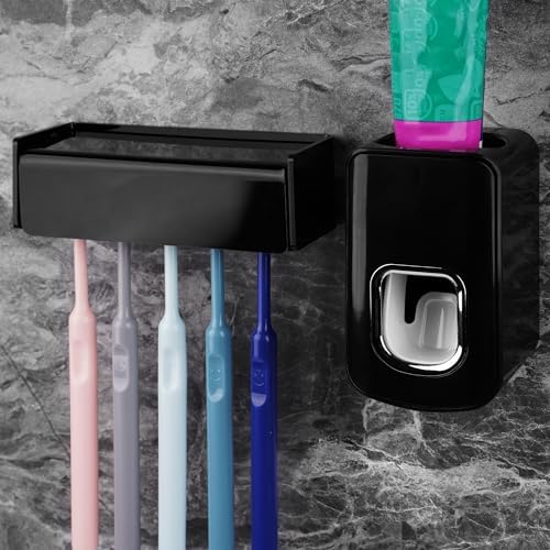 5 Slots Wall Mount Toothbrush Holder with Cover, Self Adhesive Toothbrush Storage Organizer for Shower, Toothbrush Hanger with Automatic Toothpaste Squeezer Dispenser(Black) by LUEXBOX