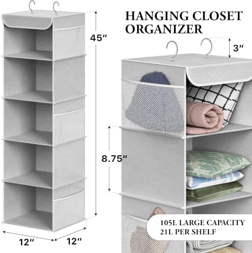 Simple Houseware 5 Shelf Hanging Closet Organizer, Gray | 360° Rotating Dual Hooks, Top Support Metal Frame, 6 Side Mesh Pockets - Image 2