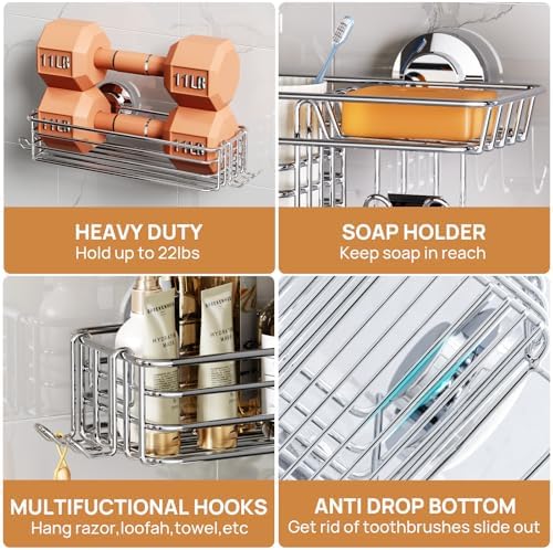 LEVERLOC Shower Caddy Suction Cup, 3 Pack Bathroom Organizer with Hooks - Image 4