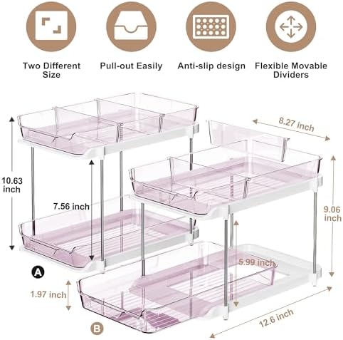Delamu 2-Tier Multi-Purpose Bathroom Under Sink Organizers and Storage, Stackable Kitchen Pantry Organization, Pull Out Medicine Cabinet Organizer with Movable Dividers, Purple, 2 Pack - Image 2
