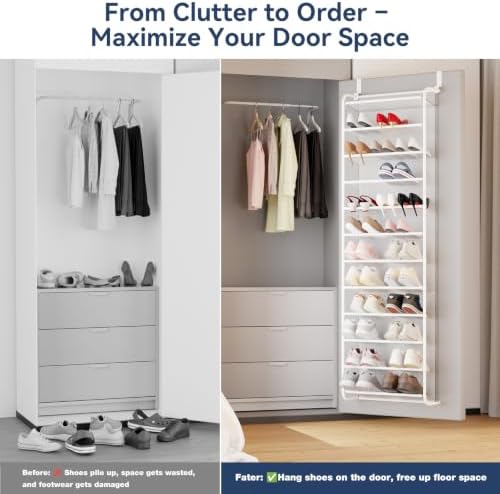 Whitmor 36 Pair Over the Door Shoe Rack,12 Tier Hanging Shoe Organizer with Metal Frame & Mesh Shelves, Heavy Duty Shoe Storage Holder for Door,No Drill Installation, 74"H x 21.7"W x 7.5"D, Matt White - Image 6