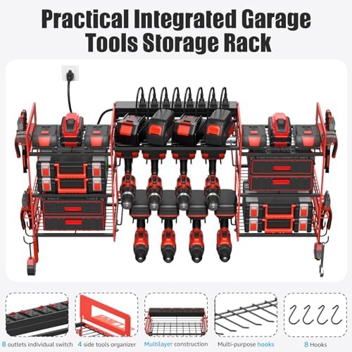 CCCEI Red Power Tool Organizer Wall Mount, Large Tools and Battery Storage Rack Charging Station Individual Switches. Drills Holder, Garage Utility Shelves with 6FT Power Strip. Gift for Men. - Image 6