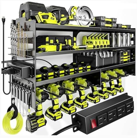 Large Power Tool Organizer Wall Mount with Charging Station, 6-Shelf Heavy Duty Metal Tool Storage Rack, Cordless Drill Holder Slots, Screwdriver Racks & Hook Bar for Garage Workshop by Milentii