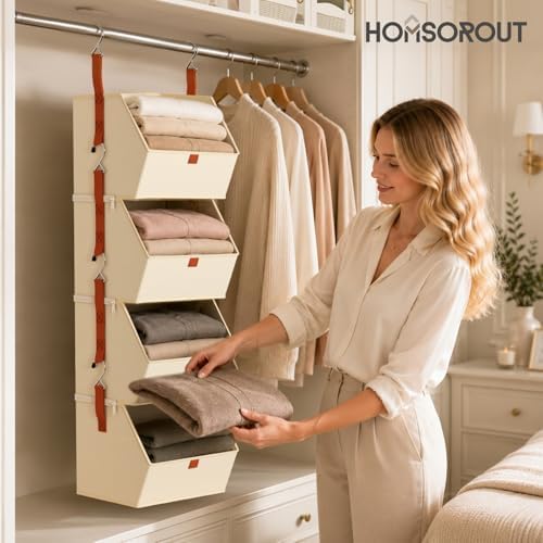 Homsorout Collapsible Hanging Closet Organizer - 6 Tier Closet Shelves Storage System with Hooks, Fabric Hanging Storage Bins for Clothes, Foldable Storage Basket for Laundry, Bedroom, Rv, Beige - Image 5
