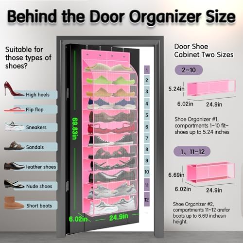 Kotkn Over The Door Shoe Organizer with 12 Large Breathable Pockets - Durable Hanging Storage for the Entire Family's Shoes (Pink) - Image 2