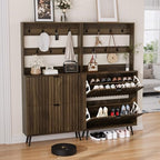 Smuxee Shoe Cabinet with 2 Flip Drawers & Coat Rack Hooks, 31.5" Walnut Hidden Shoe Storage Cabinet, 2-in-1 Hall Tree Slim Freestanding Shoe Rack Organizer for Entryway, Hallway, Living Room - Image 3