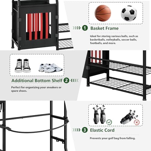 Sports Equipment Organizer Garage Organization , Golf Bag Storage Rack, Organizer for 2 Golf Bag , Indoor/Outdoor Ball Storage Bins for Toy Sports Gear Storage, Ideal for Home, Garage, Club, Basement - Image 3