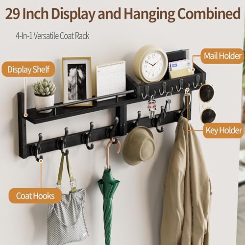 29 inch Coat Rack Wall Mount with Shelf, Heavy Duty Coat Hooks Wall Mount, Entryway Coat Hanger Wall Shelf with Key Holders and Mail Organizer for Living Room, Bedroom, Bathroom, Black - Image 2
