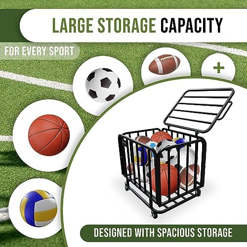 Ball Cart - Basketball Cart with Wheels, Ball Cage Garage Sports Equipment Organizer, Metal Rolling Multi Sports Ball Storage for Gym, Lockable Lid, Indoor and Outdoor. - Image 2