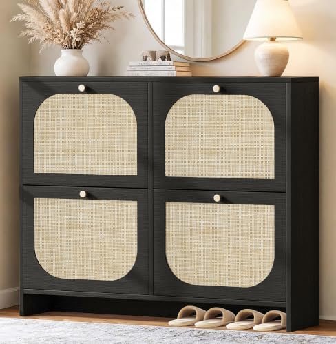 Shoe Cabinet for Entryway with 4 Flip Drawers, 9.5" Slim Wooden Shoe Storage Cabinet Fits Size 12+ Boots, Arched Rattan Hidden Shoe Organizer with Adjustable Shelves for Hallway, Foyer, Living Room by Nicetree