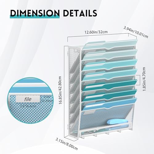 8-Tier Wall File Organizer and Mail Organizer with 5 Hooks, White - Image 2