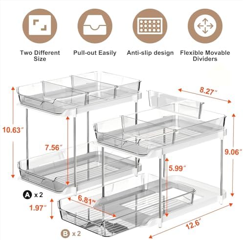 Delamu 2-Tier Multi-Purpose Bathroom Under Sink Organizers and Storage, Stackable Kitchen Pantry Organization, Pull Out Medicine Cabinet Organizer with Movable Dividers, Grey, 4 Pack - Image 2