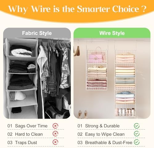 Yuyetuyo ﻿5 Tier Hanging Closet Organizer Separable Hanging Closet Shelves with 4 Hooks 2 Adjustable Dividers, Wire Storage Basket Bins for Clothing Sweaters Socks Dolls Handbags, Foldable - Image 5