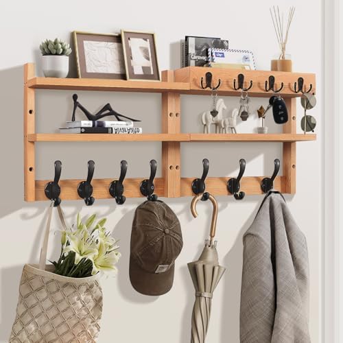 29" Coat Rack Wall Mount with Shelf, Pine Two-Tier Wall Shelf Mounted Coat and Key Hanger with 7 Heavy Duty Hooks 4 Key Hooks, Entryway Key Holder with Mail Holder for Bedroom,Living Room (Wood) by Unknown
