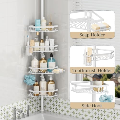 Consumest Shower Caddy Tension Pole - 4 Tier Corner Shower Shelves with Brush & Soap Holder, 304 Stainless Steel Rustproof Adjustable Organizer Rack for Bathtub, Bathroom, 27.6-108.3 Inch, White - Image 3
