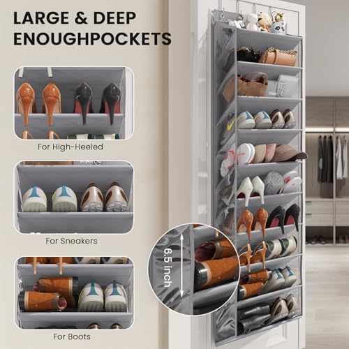 Mefirt 20-25 Pairs Over the Door Shoe Organizer, Clear Pockets Shoe Rack for Closet Door, 10-Tier Hanging Shoe Rack for Boots, Behind the Door Shoe Holder Fit All the Family's Sneakers, Heels, Grey - Image 4