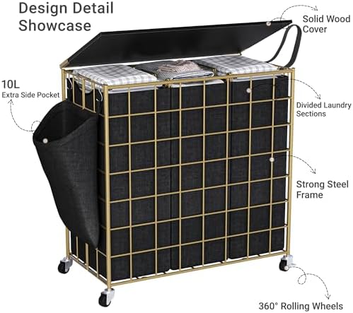 Laundry Basket with Wheels, Heavy Duty Laundry Sorter 3 Sections, 140L (37Gal.) Large Capacity Hamper with Wood Lid, 360 Rolling Wheels, Extra Side Pocket, Leather Pull Handle,Golden+Black - Image 5