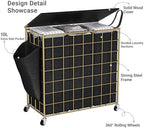 Laundry Basket with Wheels, Heavy Duty Laundry Sorter 3 Sections, 140L (37Gal.) Large Capacity Hamper with Wood Lid, 360 Rolling Wheels, Extra Side Pocket, Leather Pull Handle,Golden+Black - Image 5