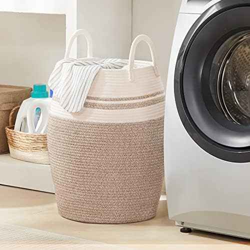 Extra Large Laundry Hamper Basket 105L Woven Blanket Basket, Brown & White - Image 4