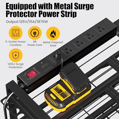 MOOMSINE Large Power Tool Organizer Wall Mount with Charging Station for Garage, 400lbs Metal Storage Rack with 8 Cordless Drill Holder, 4 Tier Heavy Duty Battery Tool Shelf with 5 Outlet Power Strip - Image 2