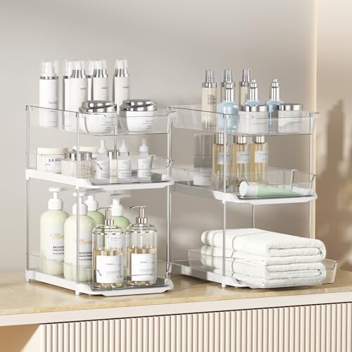 Delamu 2 Sets of 3-Tier Bathroom Under Sink Organizers and Storage, Multi-Purpose Stackable Pantry Organization and Storage, Pull Out Clear Kitchen Bathroom Cabinet Organizer with Movable Dividers - Image 2