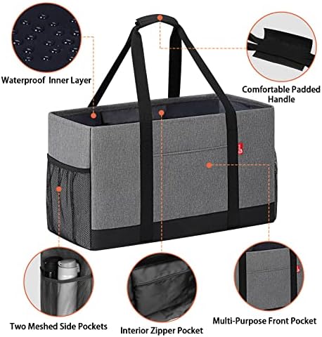 Extra Large Utility Tote Bag, Foldable Reusable Grocery Bags with Metal Wire Frame & Reinforced Bottom Board, Stand Up Large Utility Tote for Shopping, Beach Bag, Laundry, Car (Grey) - Image 5