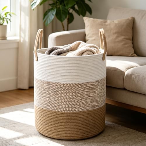 70L Woven Laundry Basket,Large Clothes Hamper with Handles- Yellow - Image 3