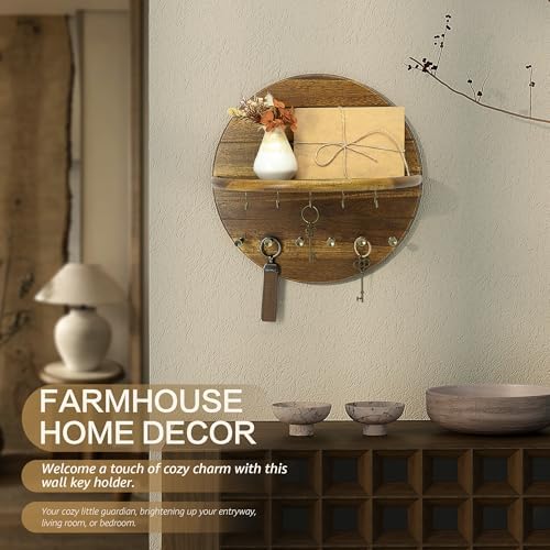 Rebee Vision Acacia Wood Round Key Holder Wall Mount for Home Decor, Brown - Image 4