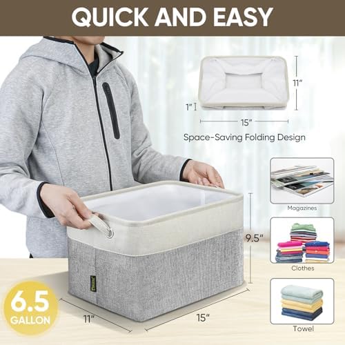BALEINE 1 Pack Fabric Closet Storage Bins for Shelves, Linen Closet Organizers and Storage, Decorative Baskets for Organizing, Shelf, Clothes, Home, Office (Grey, 15''x11''x9.5'') - Image 6