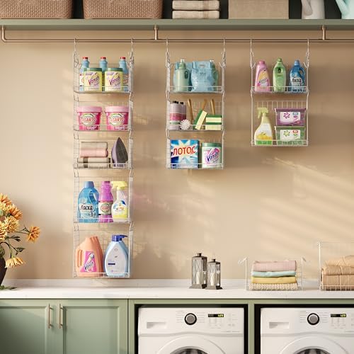 Sonyabecca 5-Tier Hanging Laundry Basket Organizer: Foldable Wire Shelf Basket with 4 Large Hooks 1.65" & 360°Rotating Hooks – Space-Saving Laundry Room Organization for Wardrobe Closet, White Patent - Image 4