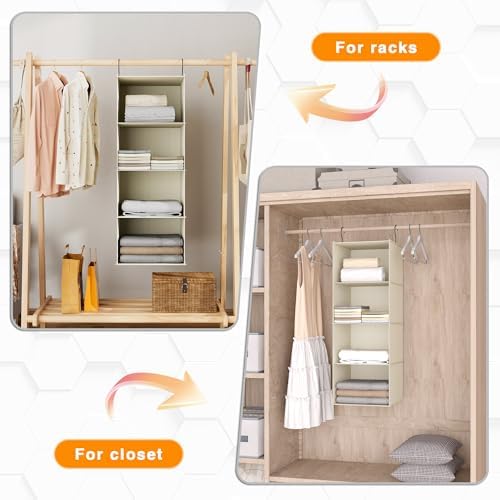 Hanging Closet Organizer 4-Shelf, Oxford Fabric Wardrobe Storage, Beige | Easy-mount foldable design holds clothes, handbags, shoes & accessories; washable Oxford fabric, sturdy and space-saving. - Image 6