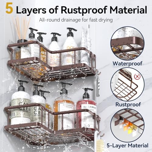 YASONIC Corner Shower Caddy Adhesive, 100% Rustproof Shower Organizer with Soap Holder, No Drill Shower Shelf for Inside Shower, Wall-Mounted Shower Storage for Homes (3 Pack, Bronze) - Image 5