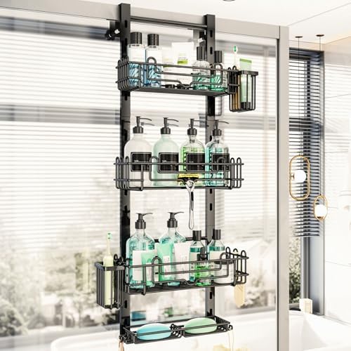 HapiRm Over the Door Shower Caddy - 4-Tier Hanging Shower Organizer with 22 Hooks and 2 Toothbrush Holders, No Drilling Adjustable Hanging Shelves for Bathroom - Black by HapiRm
