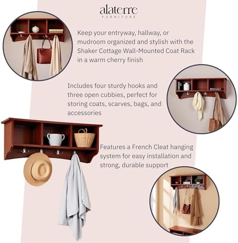 Shaker Cottage Wall-Mounted Coat Rack with 3 Storage Cubbies and 4 Hooks – 36" Space-Saving Entryway Organizer, Mudroom and Hallway Wall Shelf by Alaterre Furniture (Cherry Finish) - Image 4