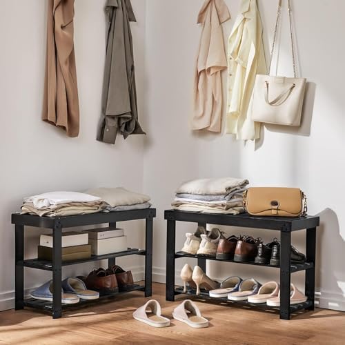 Pipishell 3 Tier Bamboo Shoe Rack Bench for Entryway, Black - Image 2