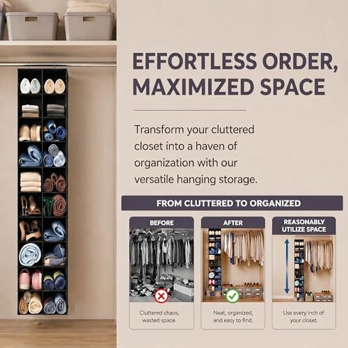 Hanging Shoe Organizer for Closet - 20 Extended Sections Closet Shoe Storage Rack with 8 Side Mesh Pockets, Foldable Shelves Holder for Clothes Shoes Shirts Jeans Hats - Image 6