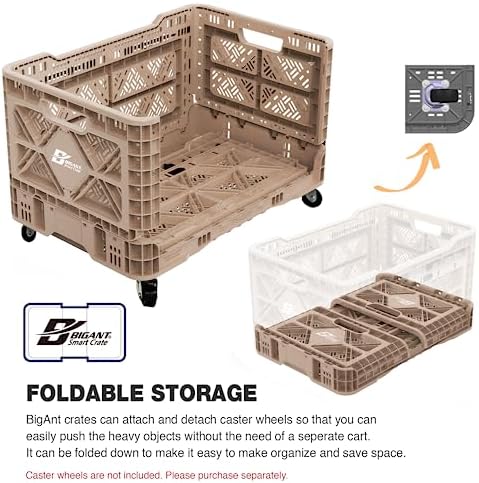Bigant Heavy Duty Collapsible & Stackable Plastic Milk Crate-Medium Size, Tan, Stackable Open Front Organizer, Snap Lock Foldable Industrial Garage Storage Bin Container Utility Basket - Image 5