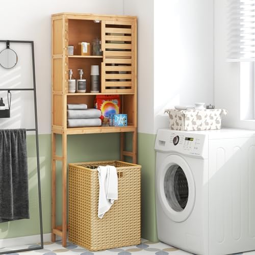 Tangkula Over The Toilet Storage Cabinet, Bamboo Bathroom Space Saver with 2 Doors, Adjustable Bottom Bar, Open Shelf, Freestanding Bathroom Cabinet Organizer Above Toilet for Restroom, Laundry Room - Image 4